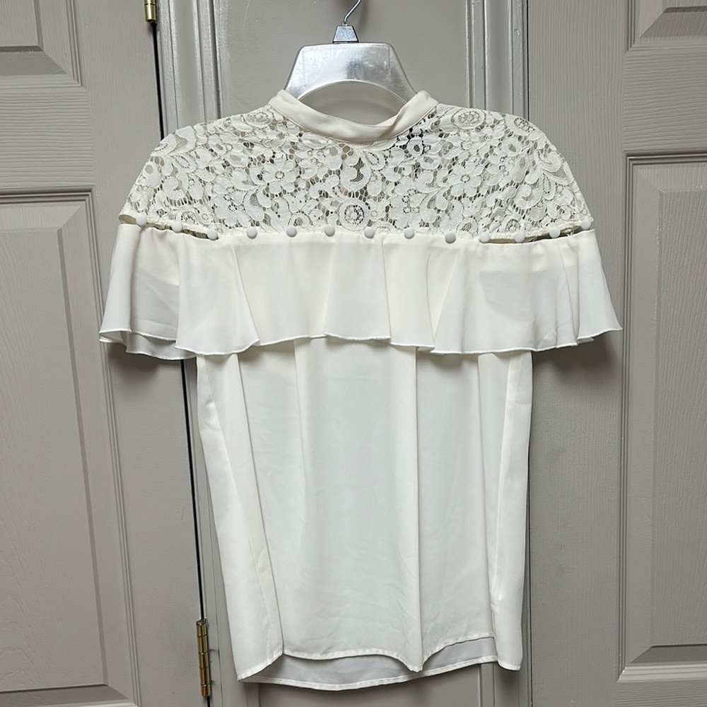 Express off-White Ruffled Blouse with Mandarin Collar